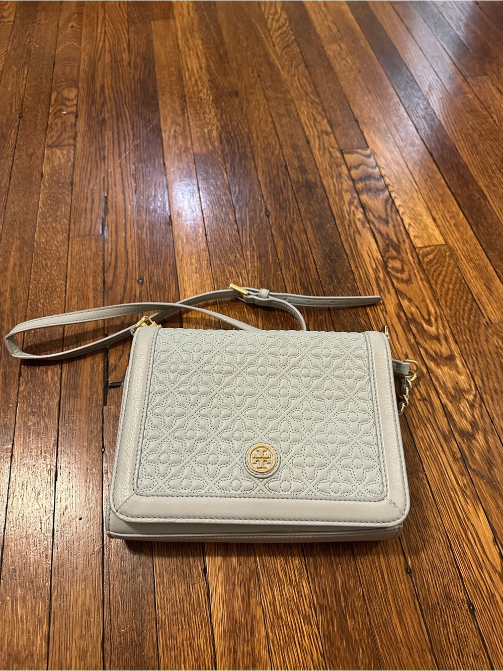 Tory Burch Quilted Light Gray Leather Crossbody with Gold Logo